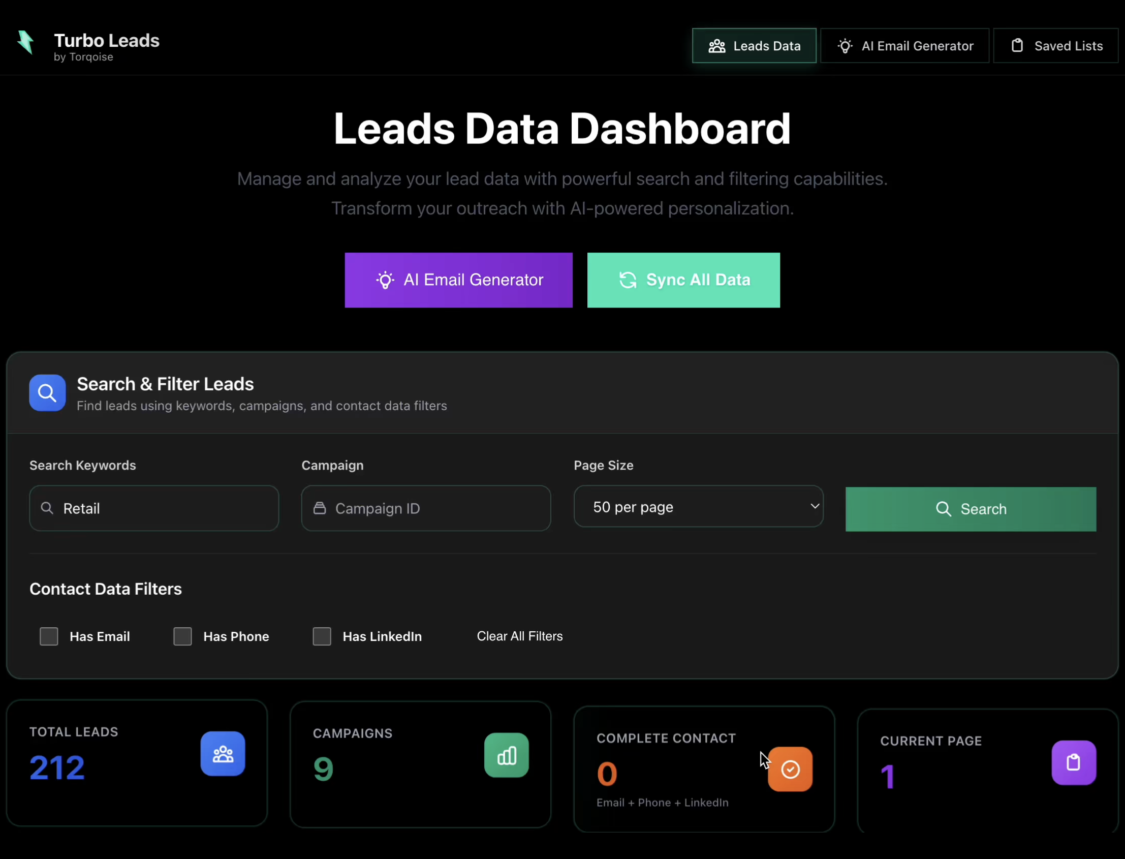 Turbo Leads Dashboard Demo